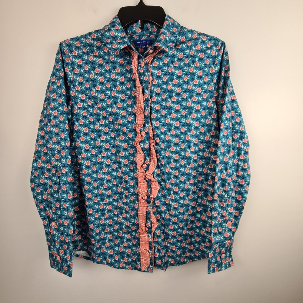Maison Me Womens Blue Floral Ruffle Front Button Down Shirt Small MA-S518 Cotton